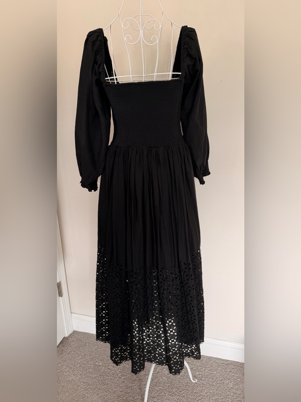 Free People Black Square-Neck Eyelet Maxi Dress with Puff Sleeves Size S - Picture 6 of 9